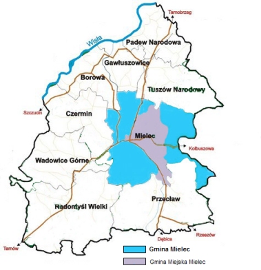Mapa powiatu mieleckiego z wyróżnionymi gminami oraz oznaczona na niebiesko gminą Mielec